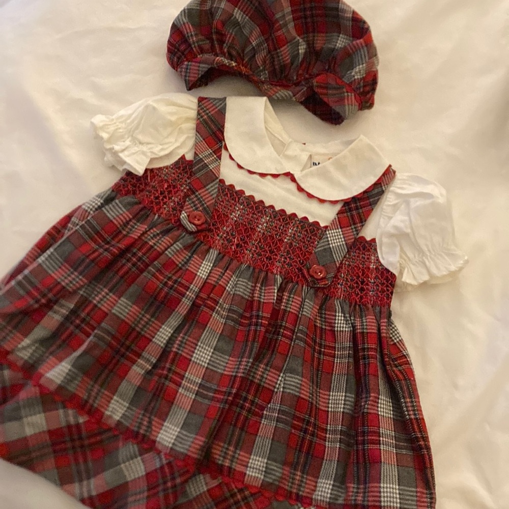 Red plaid dress and matching hat